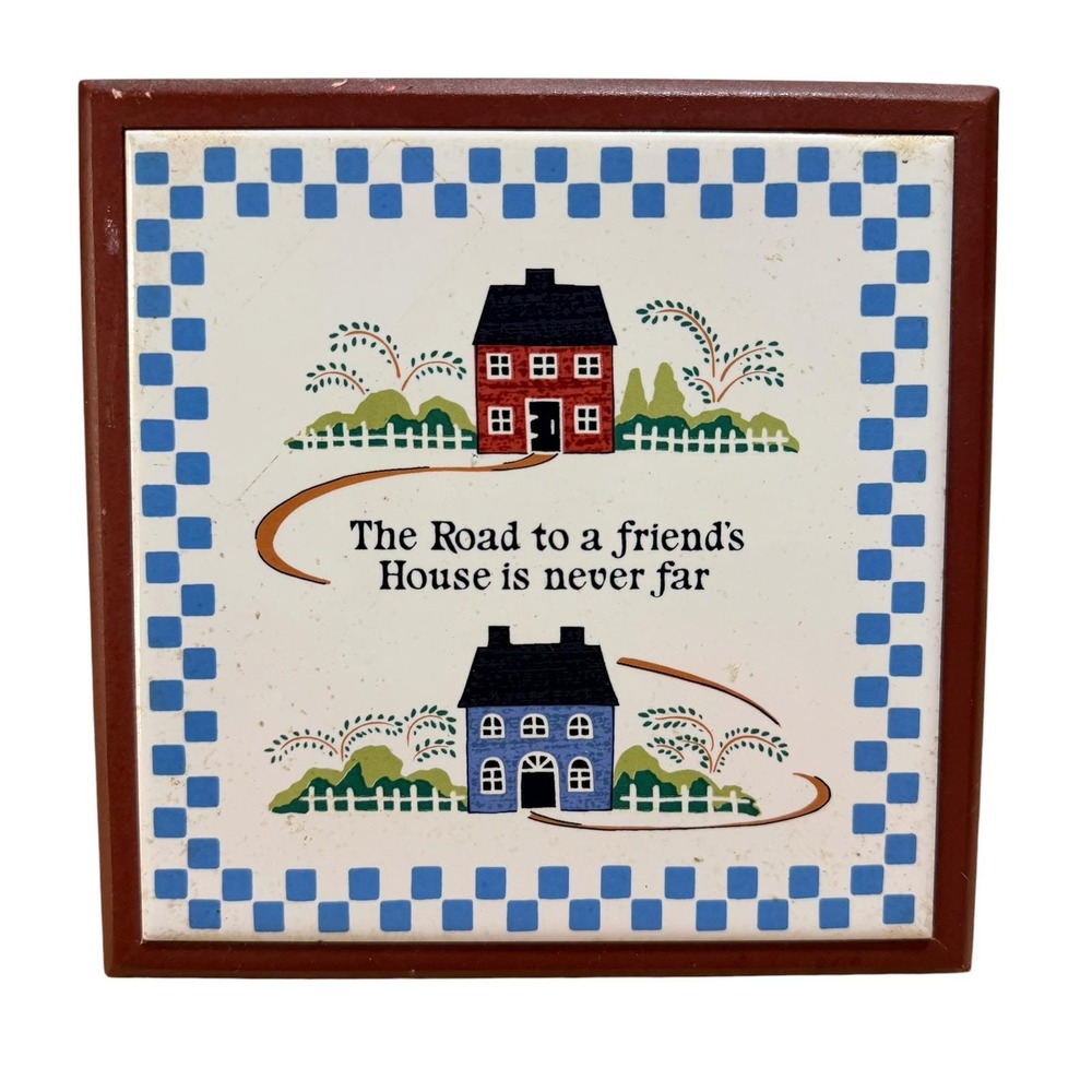 Vintage Folk Art Ceramic Tile Wall Plaque Friend Quote Wood Frame 6.5" Square